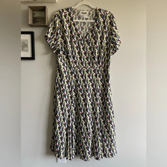 FLAX | V-Neck Rayon Patterned Dress Art Deco Size Medium - Picture 1 of 7